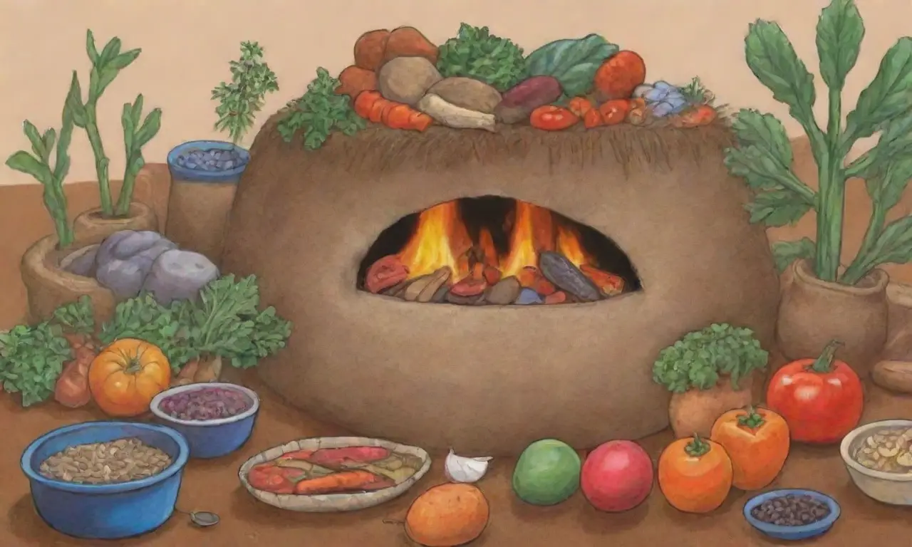 Tradición andina de cocina en horno de tierra con ingredientes vibrantes en una celebración comunitaria