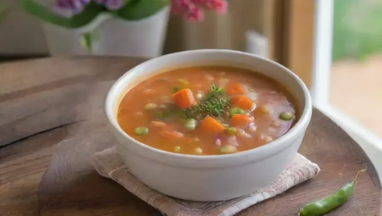 Un reconfortante momento de sopa de verduras, luz suave y aromas que invitan a la reflexión