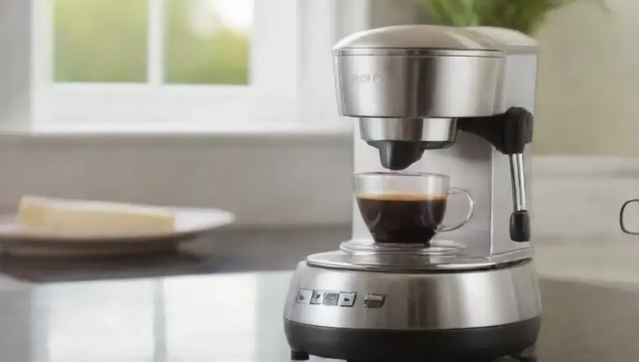 Una elegante máquina de espresso brilla en una cocina acogedora, rodeada de café recién molido y utensilios listos para preparar