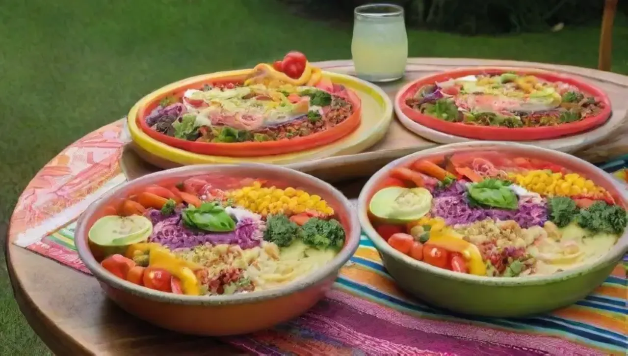 Una mesa colorida y vibrante llena de frescos alimentos y un ambiente alegre