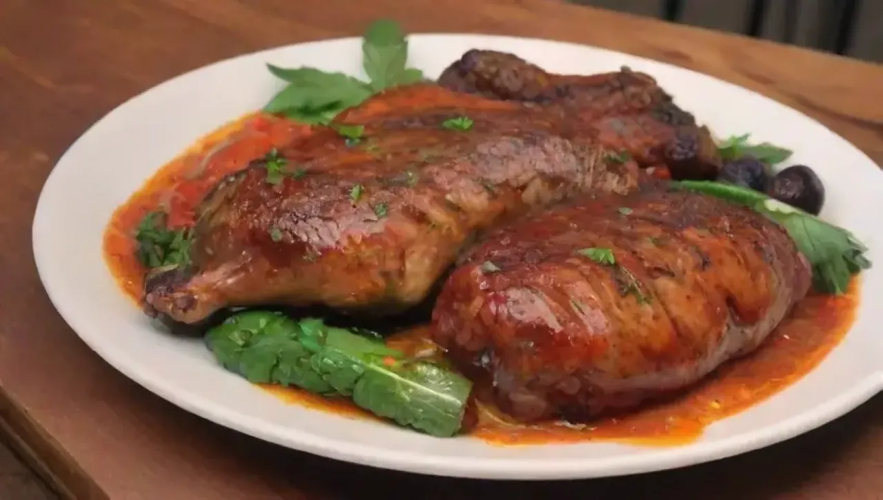 Una deliciosa y colorida presentación de pollo a la barbacoa en un ambiente festivo