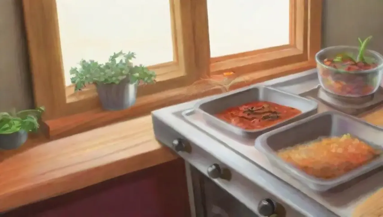 Una cocina vibrante y acogedora, iluminada por el sol, llena de ingredientes frescos y aromas deliciosos