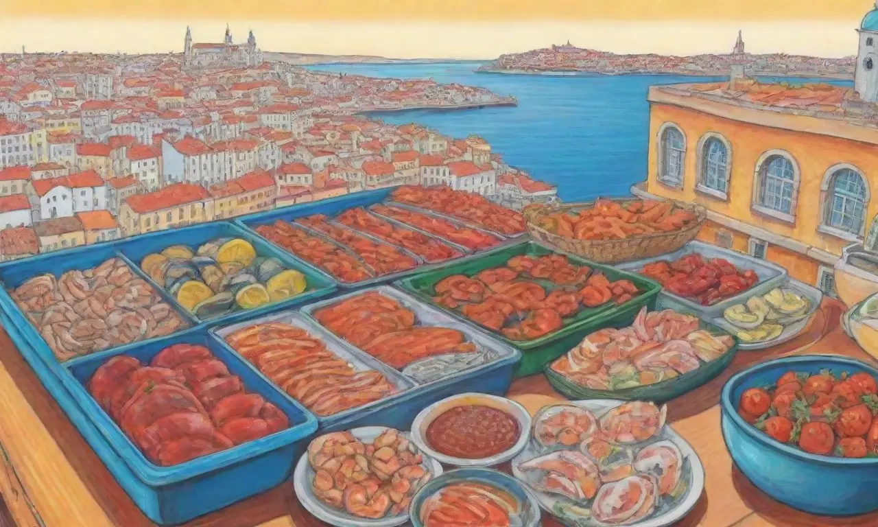 Colores vivos, mariscos, Lisboa, cocina tradicional y presentación vibrante