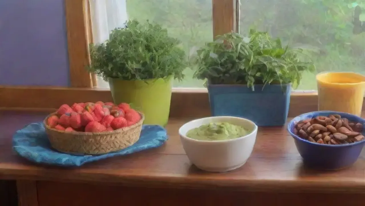 Una mesa rústica llena de frutas, verduras, especias, frutos secos, té, granos, hierbas frescas y un ambiente acogedor