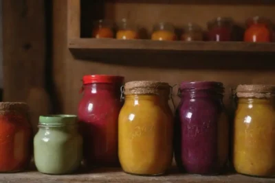 Frascos coloridos y platos tradicionales eslovacos en una acogedora cocina rústica