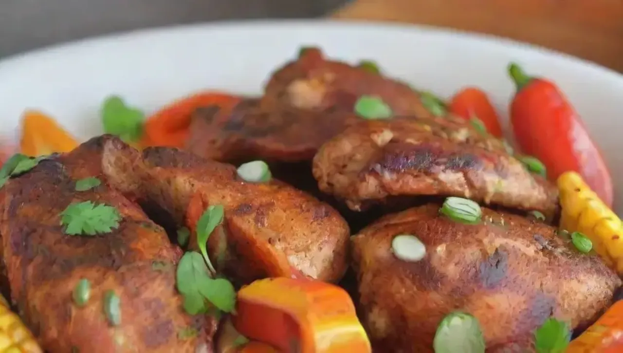 Una deliciosa y colorida presentación de pollo a la parrilla con especias y guarniciones frescas