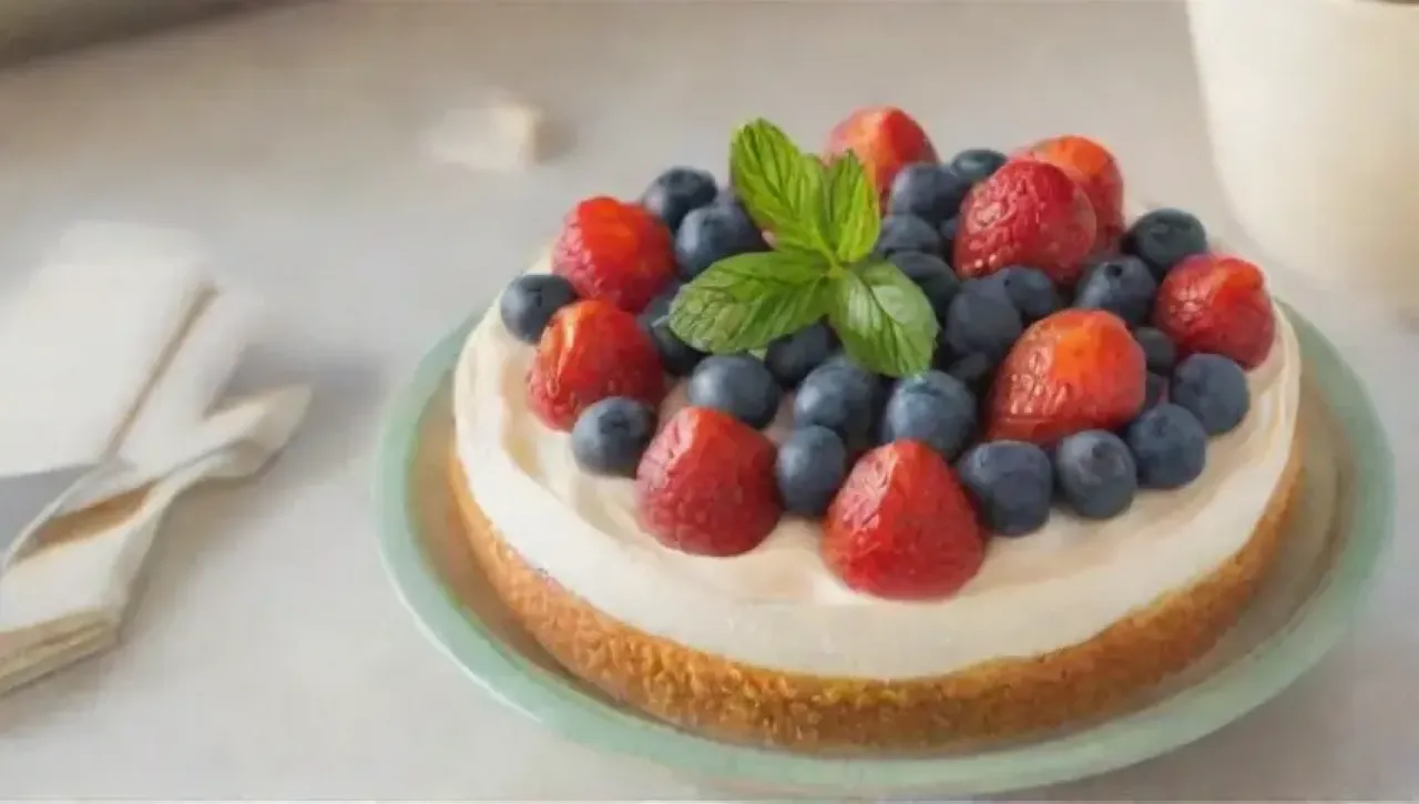 Cheesecake cremoso con frutas y un ambiente acogedor de repostería