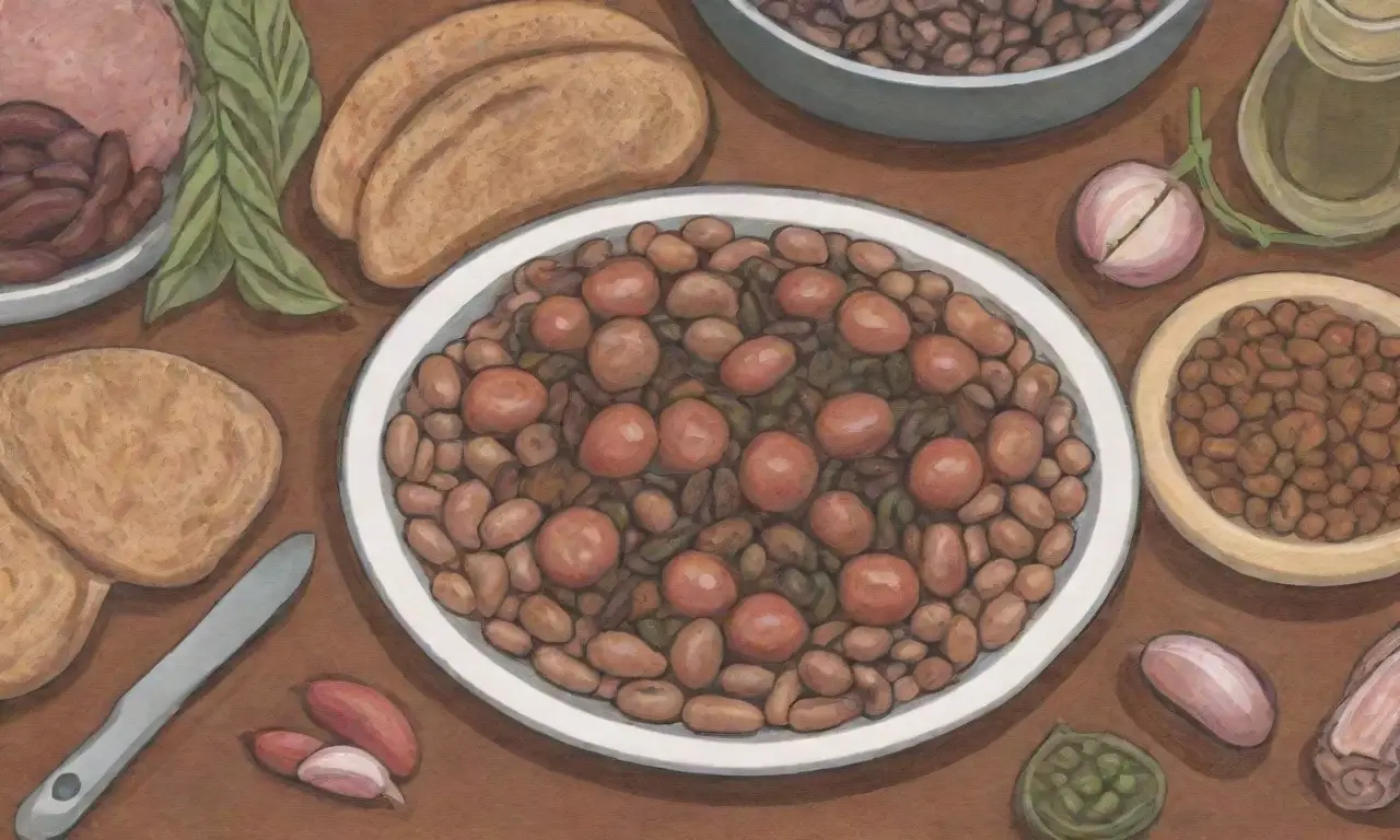 Frijoles frescos, carne de cerdo, salchicha ahumada, guisantes, cebollas, ajo, laurel, pimienta y aceite de oliva