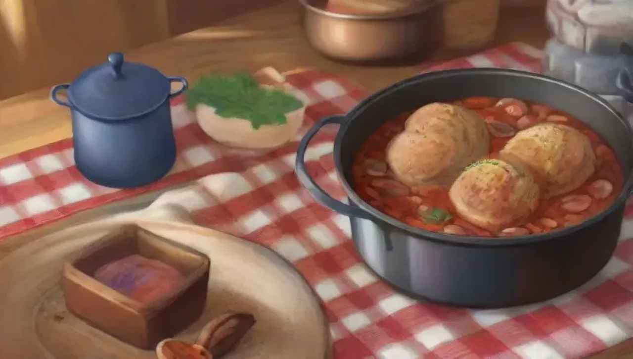 Una acogedora cocina con un delicioso guiso de pollo y verduras, rodeada de familia y risas