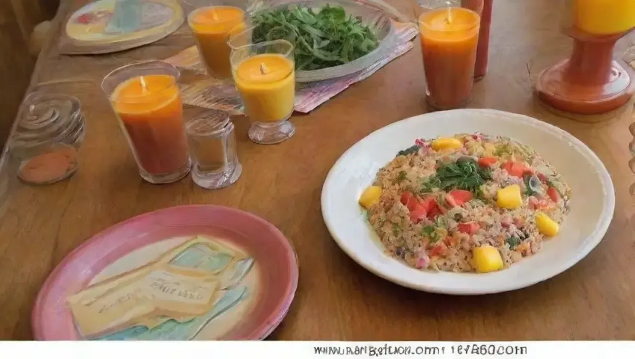 Una mesa vibrante y acogedora llena de comida deliciosa y risas familiares