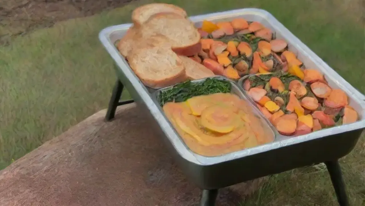 Un acogedor escenario otoñal con hojas doradas, sopa de calabaza, pan sin gluten y luces parpadeantes