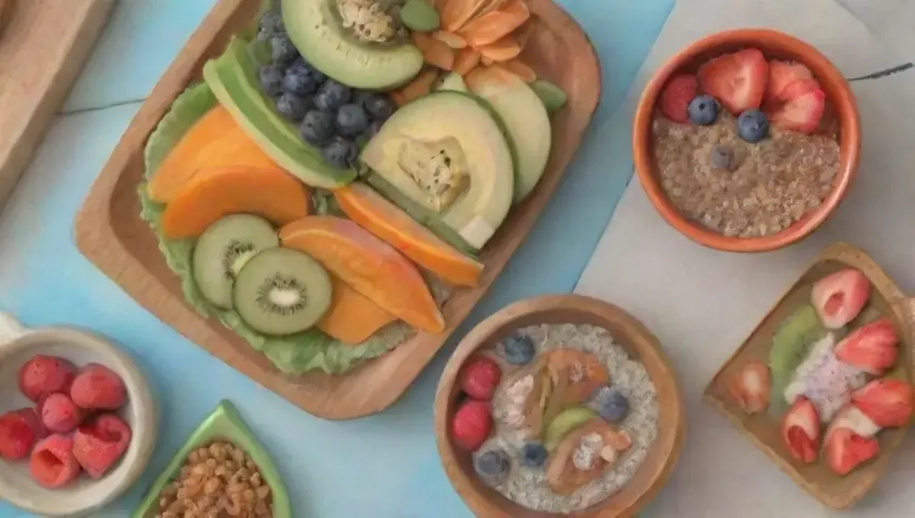 Una mesa rústica llena de coloridos alimentos saludables y frescos