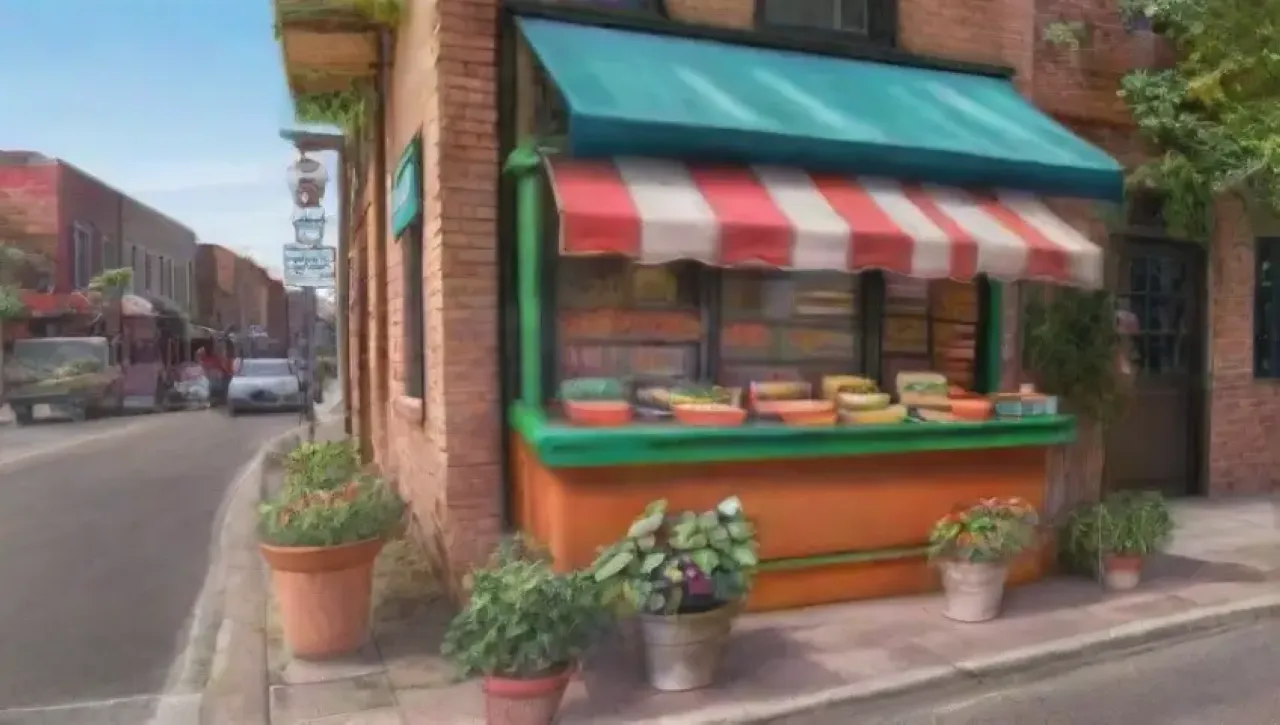 Una escena vibrante de un restaurante al aire libre llena de colores, risas y aromas acogedores