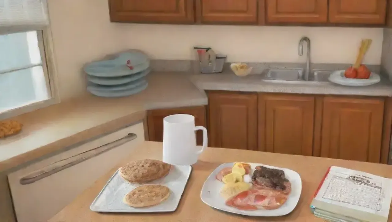 Una cocina vibrante y caótica, llena de comida, objetos olvidados y un ambiente acogedor