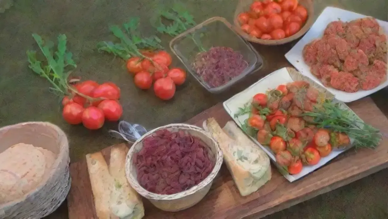 Una cocina vibrante llena de ingredientes coloridos y un chef alegre preparando canapés