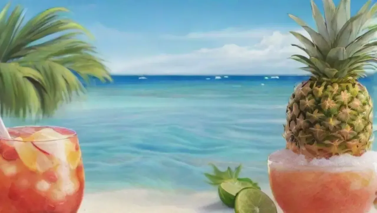 Un cóctel tropical en la playa evoca risas y vibrantes sabores veraniegos