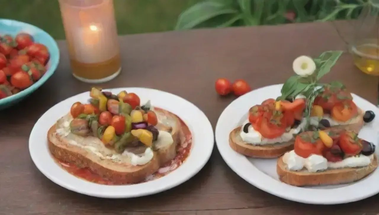 Una mesa vibrante y acogedora con bruschetta, vino espumoso y risas de amigos