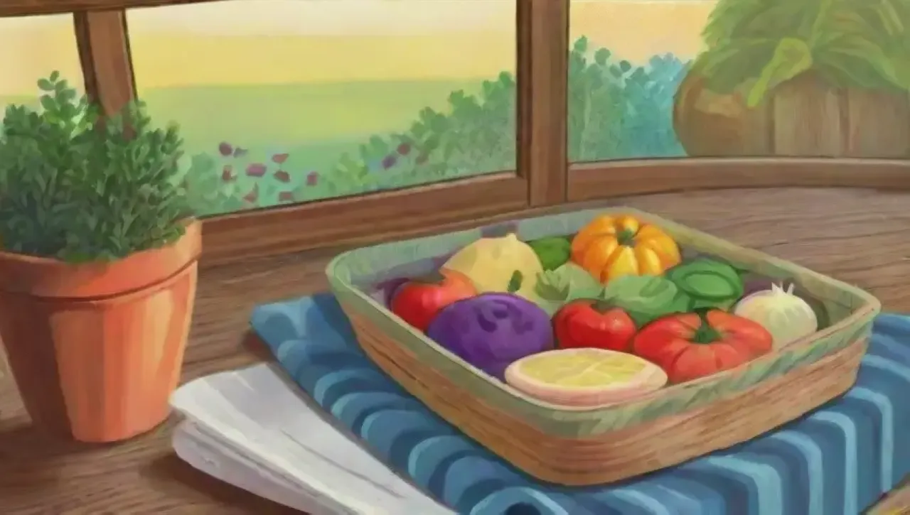 Una escena vibrante de cocina y comunidad con abundancia de vegetales y frutas