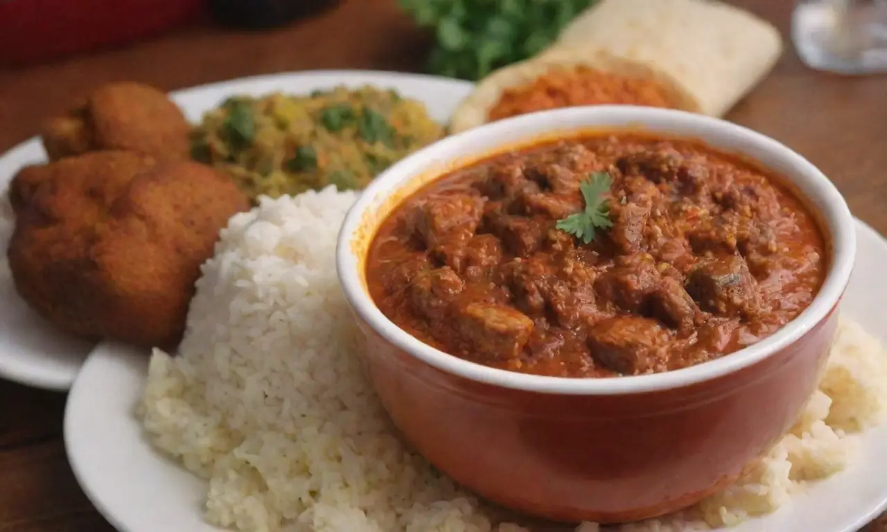 Platos nigerianos coloridos y festivos como el jollof rice y la sopa egusi, llenos de delicioso aroma