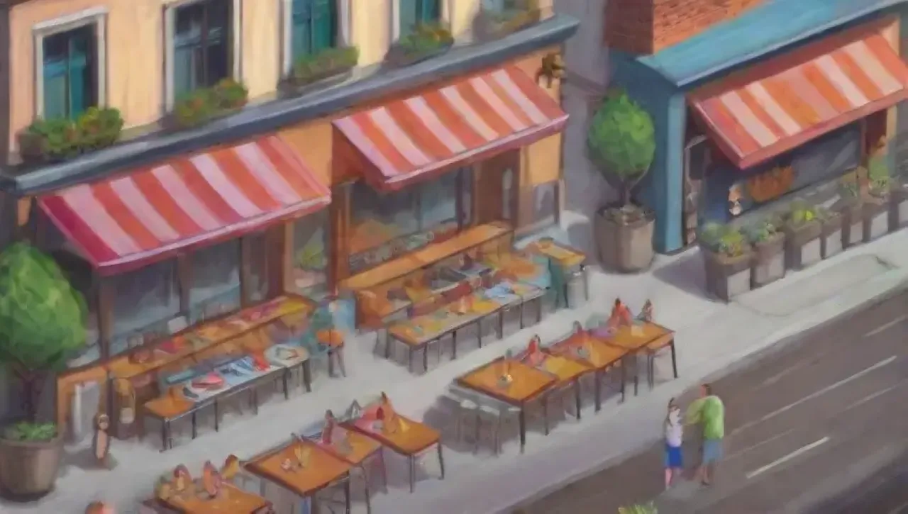 Restaurante vibrante con terraza, ambiente acogedor y menú diverso en una calle concurrida