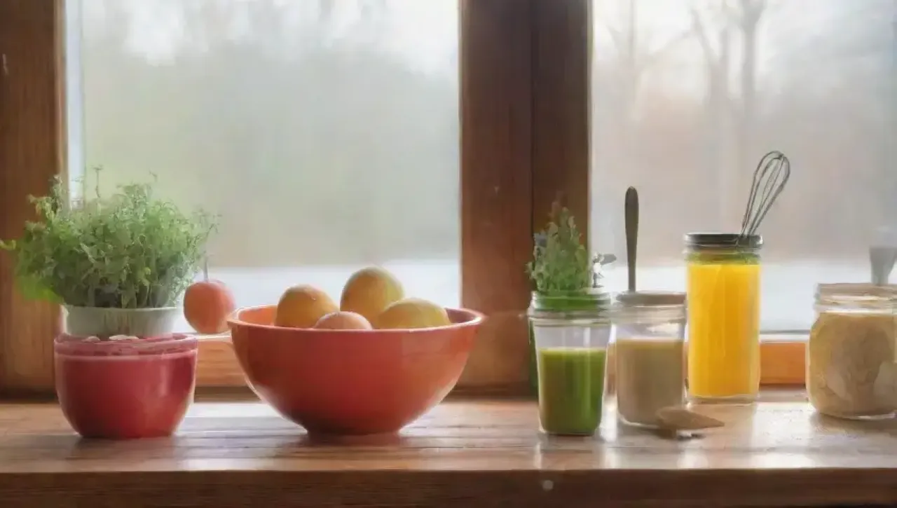Escena de cocina luminosa y colorida con utensilios, ingredientes frescos y un ambiente acogedor