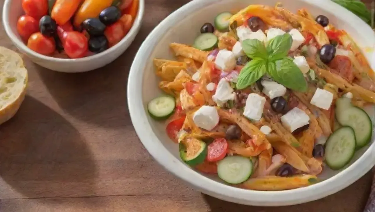 En un rústico entorno de cocina, se presenta una ensalada colorida con pasta, tomates, pepinos, albahaca, queso feta y aderezos