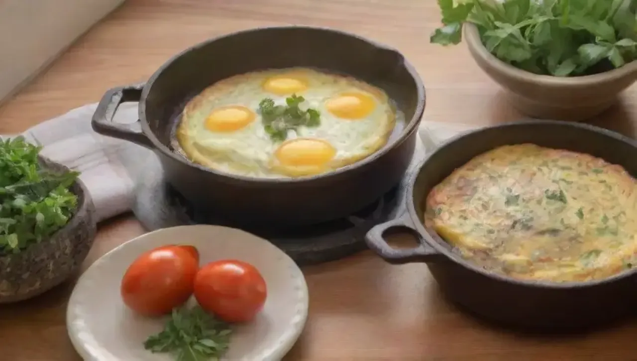 Una cocina rústica con luz cálida, ingredientes frescos y el arte de preparar una omelet perfecta