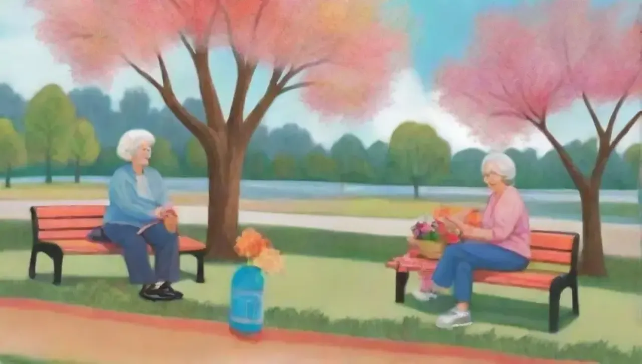 Un parque vibrante y sereno donde seniors disfrutan de actividades saludables y comunitarias