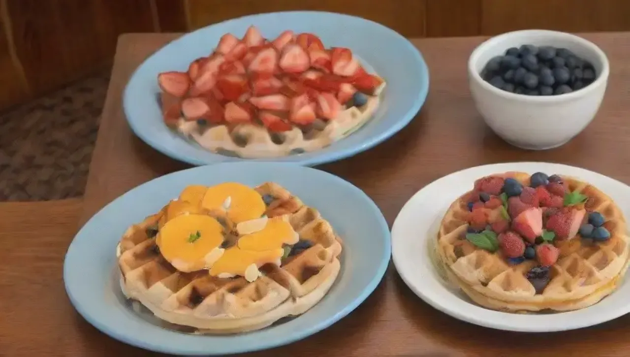Un desayuno acogedor con waffles, frutas, café y risas familiares en una cocina iluminada