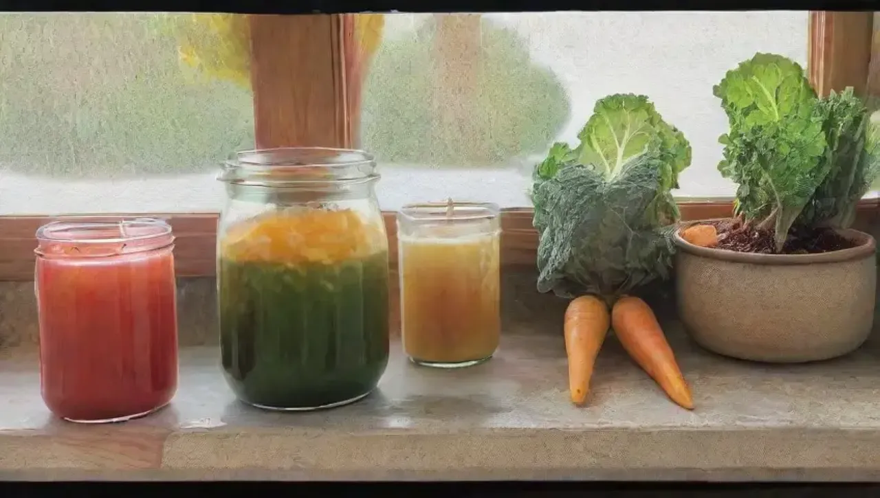 Una cocina acogedora y vibrante llena de frutas y verduras frescas, jugos coloridos y un ambiente saludable
