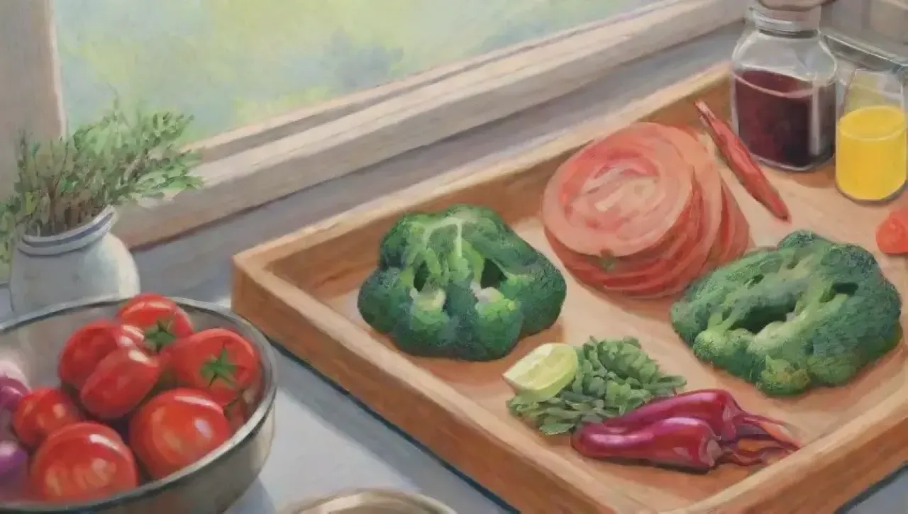 Una cocina vibrante con verduras coloridas, cuchillos brillantes y un chef creando un plato delicioso