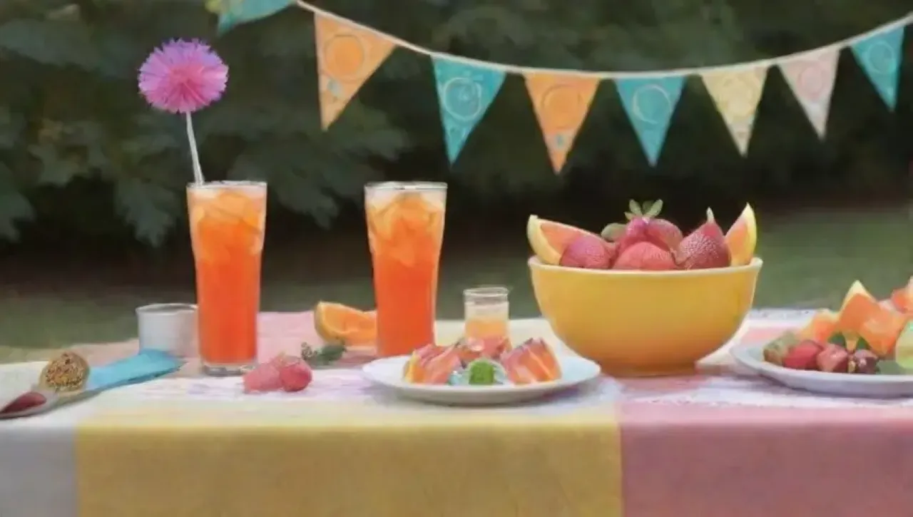 Una fiesta alegre y colorida con frutas, bebidas refrescantes y un ambiente festivo