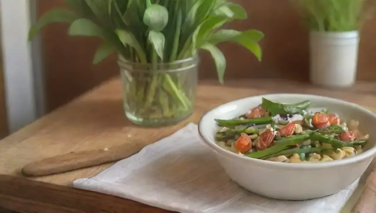 Una mesa rústica llena de espárragos verdes, guisantes, pasta cremosa, hierbas frescas, limón, aceite de oliva, sal, tomates cherry, ajo, parmesano, flores de primavera y vino blanco