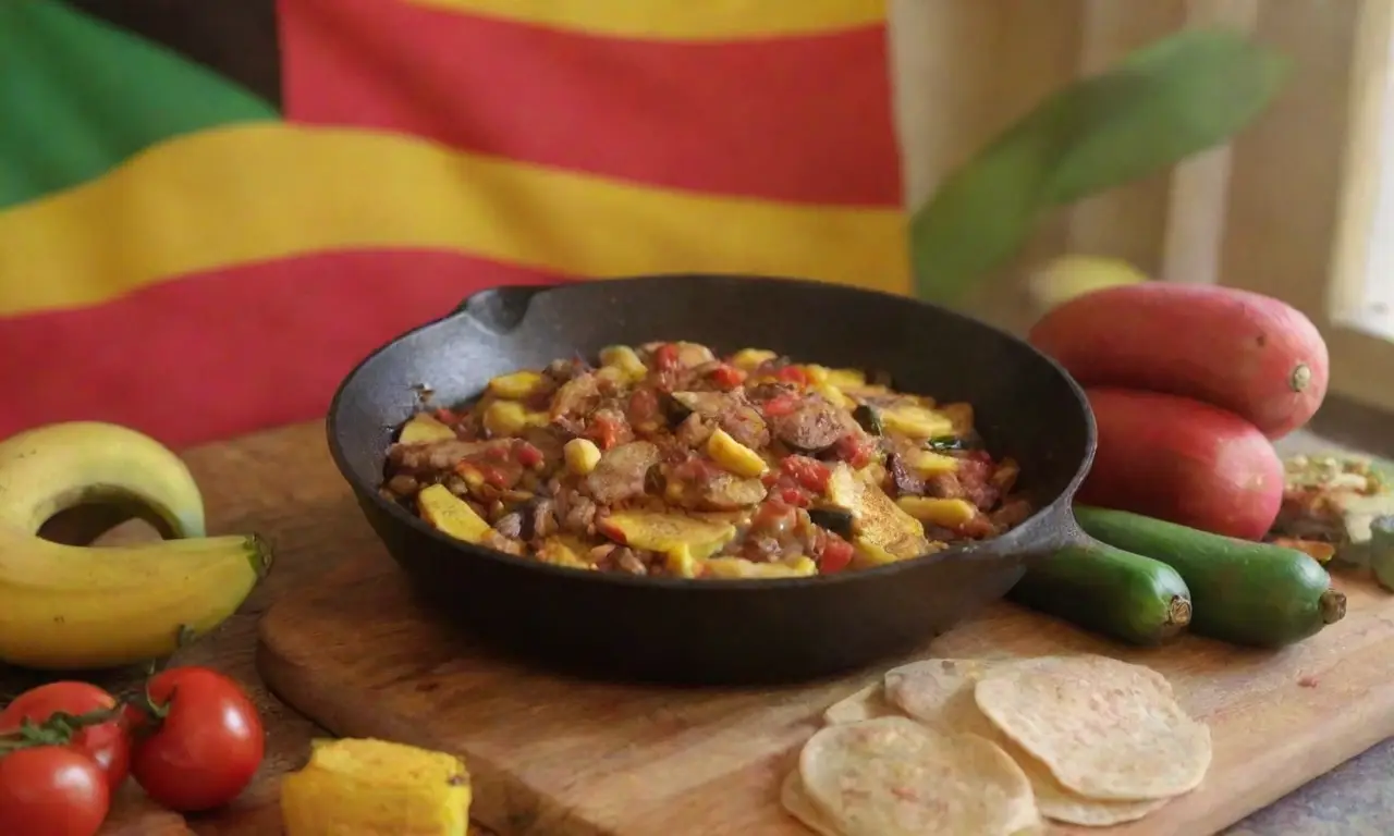Escena colorida de cocina con plátanos, tortillas, colores jamaicanos y especias tropicales