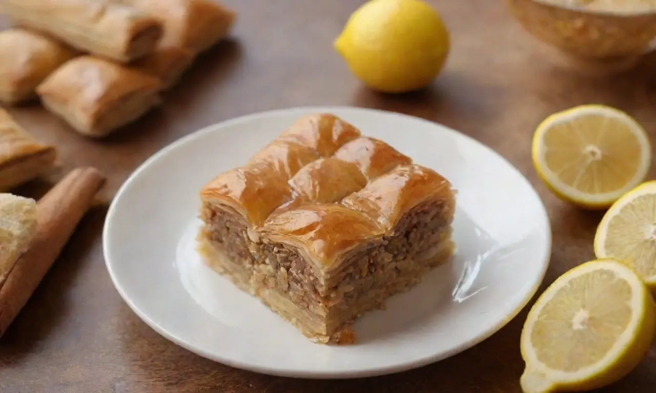 Ingredientes para baklava: nueces, miel, masa filo, mantequilla, azúcar, canela, agua y jugo de limón