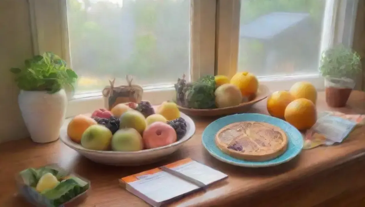 Una cocina vibrante y luminosa, llena de frutas frescas, verduras, especias y un equilibrio entre indulgencia y salud