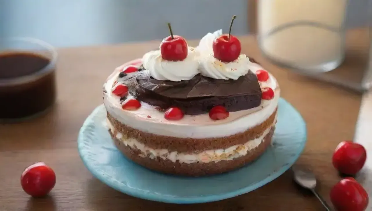 Un delicioso pastel de chocolate con cerezas y crema en una acogedora cocina