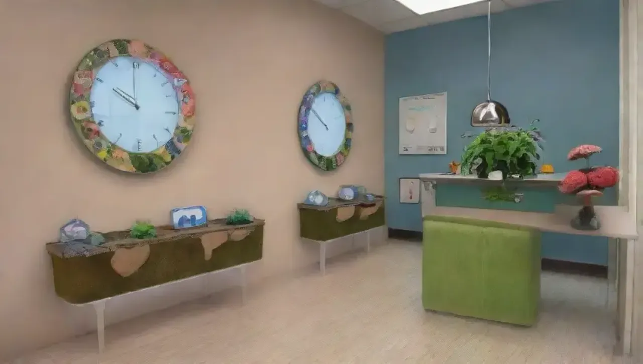 Una sala de espera acogedora y colorida con un ambiente relajante y servicios útiles