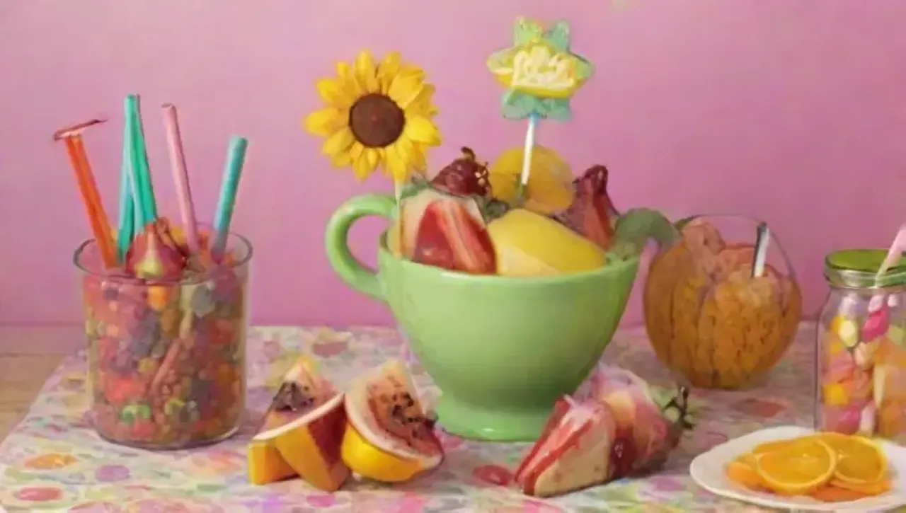 Una fiesta colorida y alegre llena de frutas, burbujas y diversión