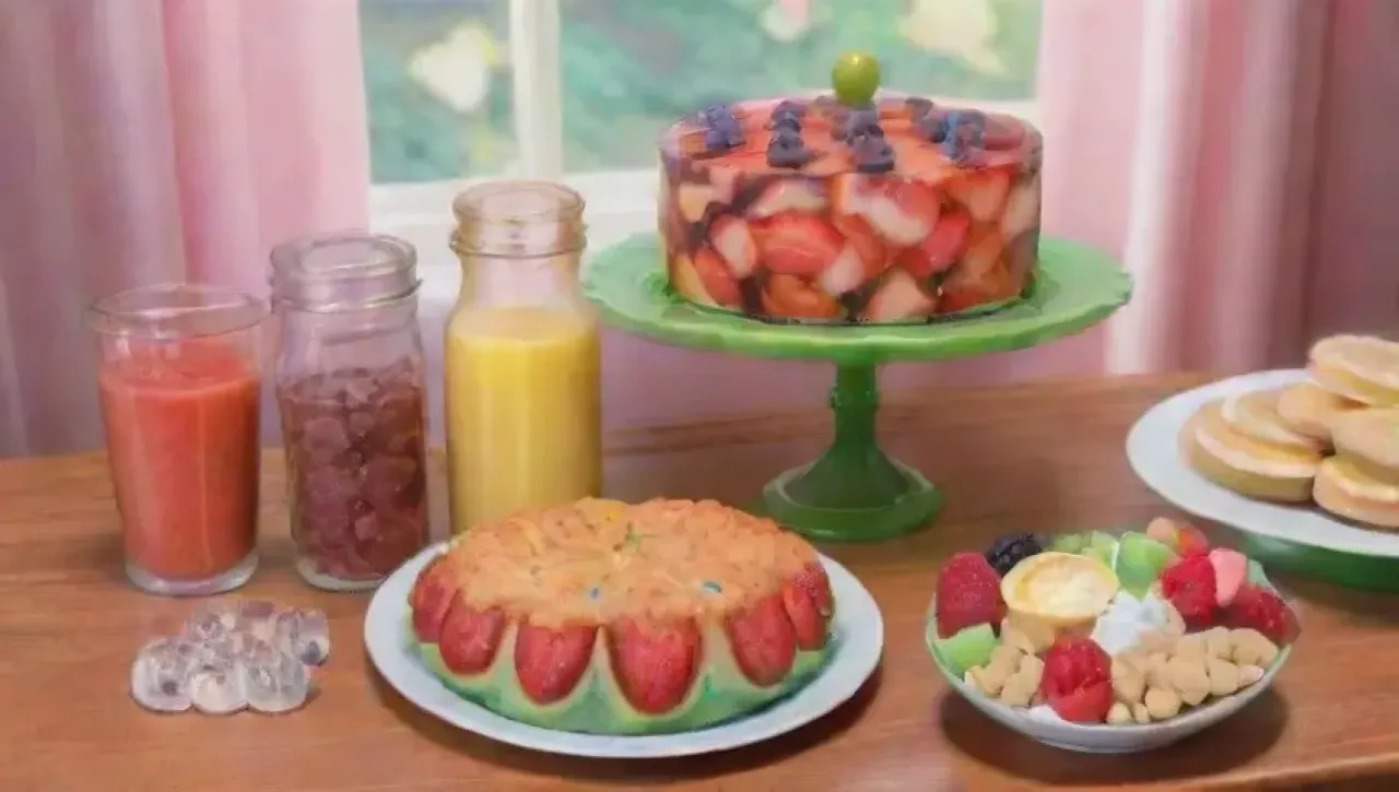 Un festín colorido y dulce rodeado de frutas, verduras y utensilios de cocina