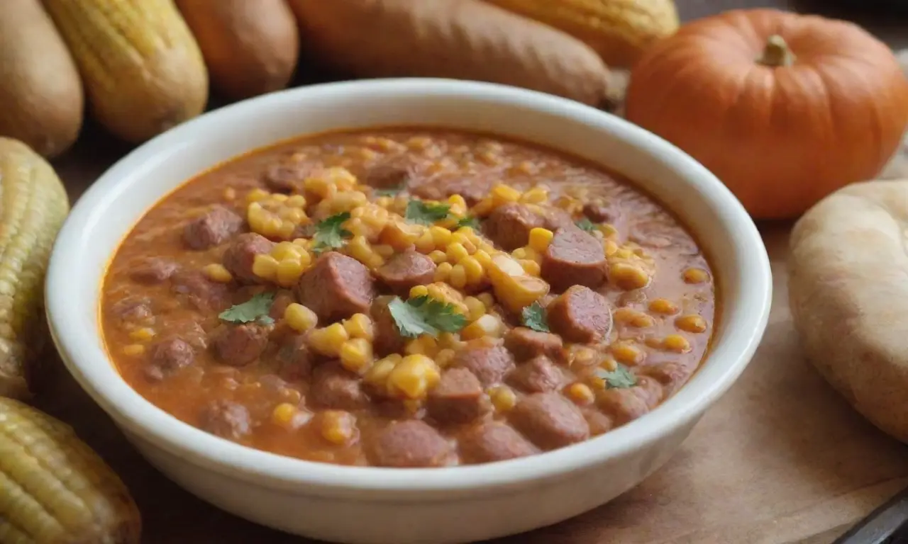 Locro tradicional con maíz, porotos, papas, zapallo, chorizo, carne y especias, celebración del 9 de julio