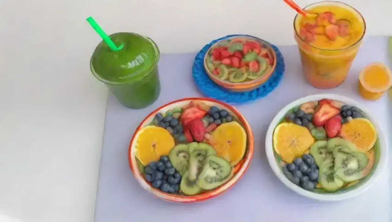 Una colorida y fresca variedad de frutas y bebidas saludables en un ambiente alegre