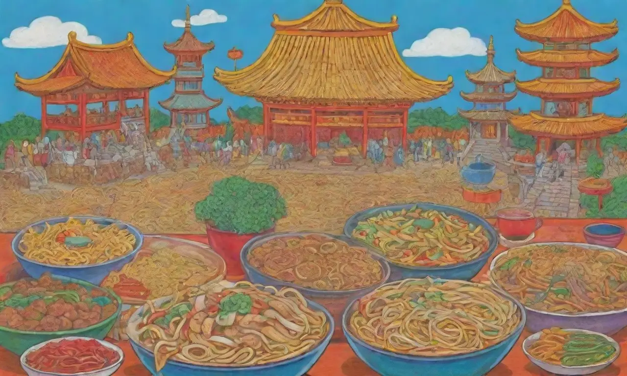Fusión cultural de fideos y platos coloridos que conectan naciones