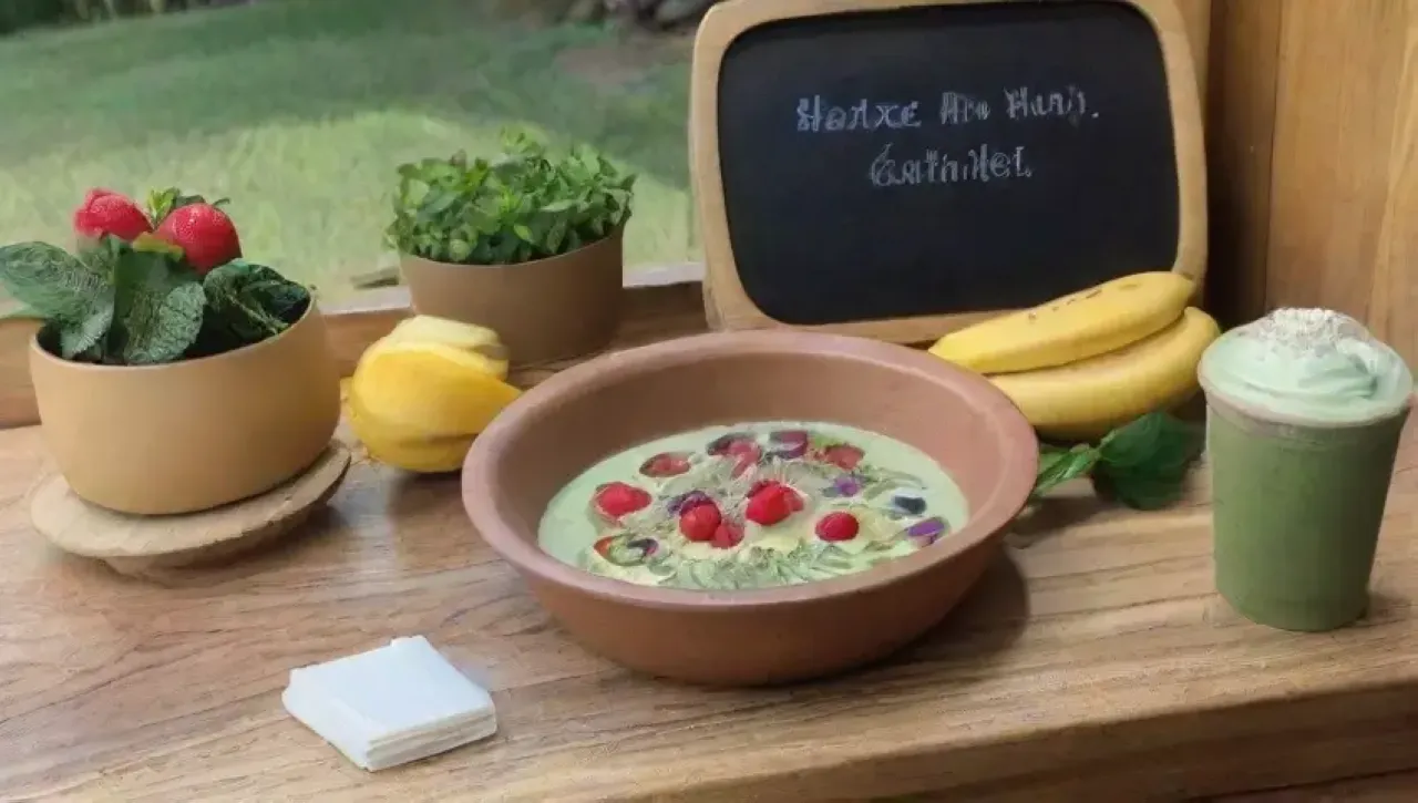 Tazones de batido vibrantes con frutas coloridas y un ambiente fresco y acogedor