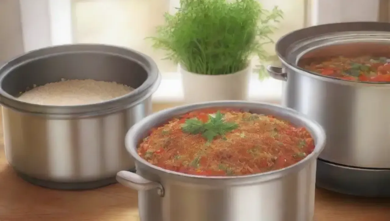 Una cocina vibrante y acogedora, con un olla a presión brillante, especias coloridas y un ambiente nostálgico