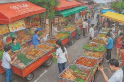 Comida callejera vietnamita con colores vibrantes y deliciosos sabores