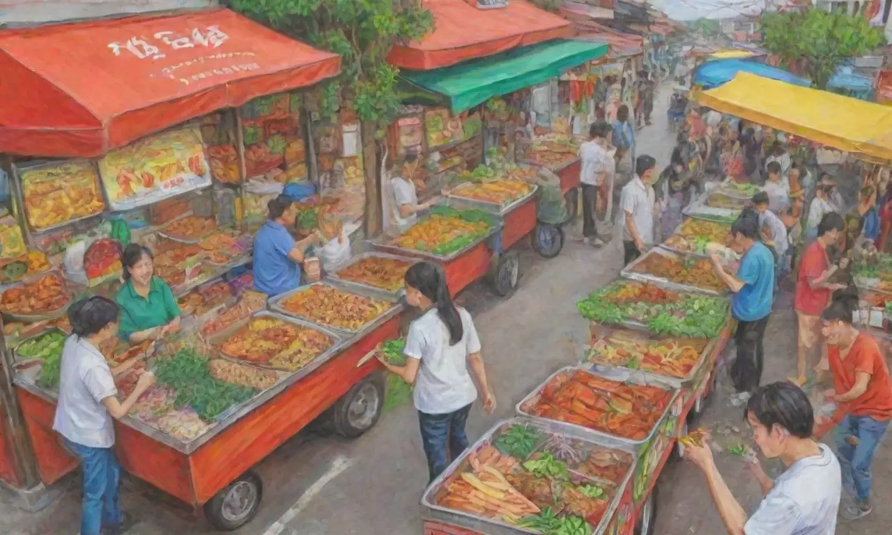 Comida callejera vietnamita con colores vibrantes y deliciosos sabores