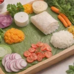 Ingredientes coloridos y hierbas frescas para un delicioso rollo de papel de arroz