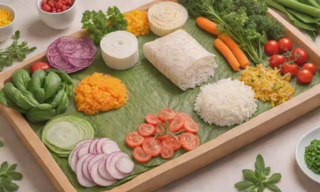 Ingredientes coloridos y hierbas frescas para un delicioso rollo de papel de arroz
