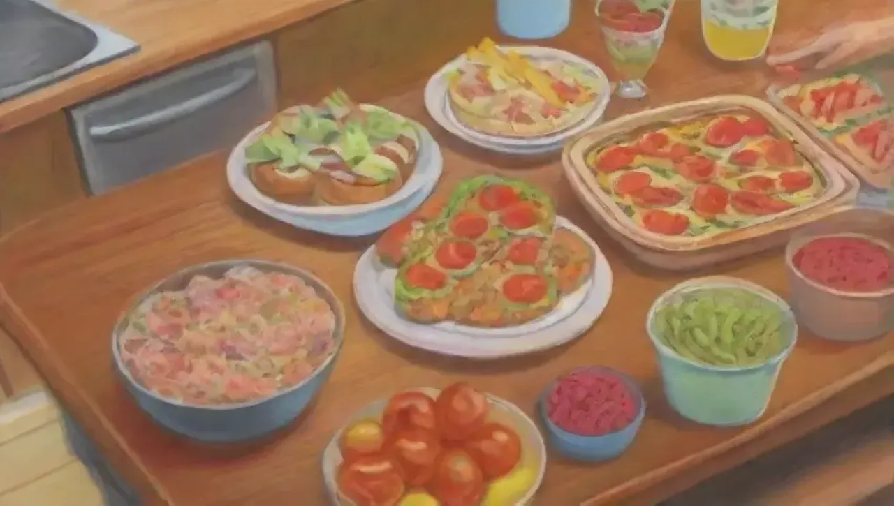 Cocina alegre con ingredientes frescos y comidas deliciosas